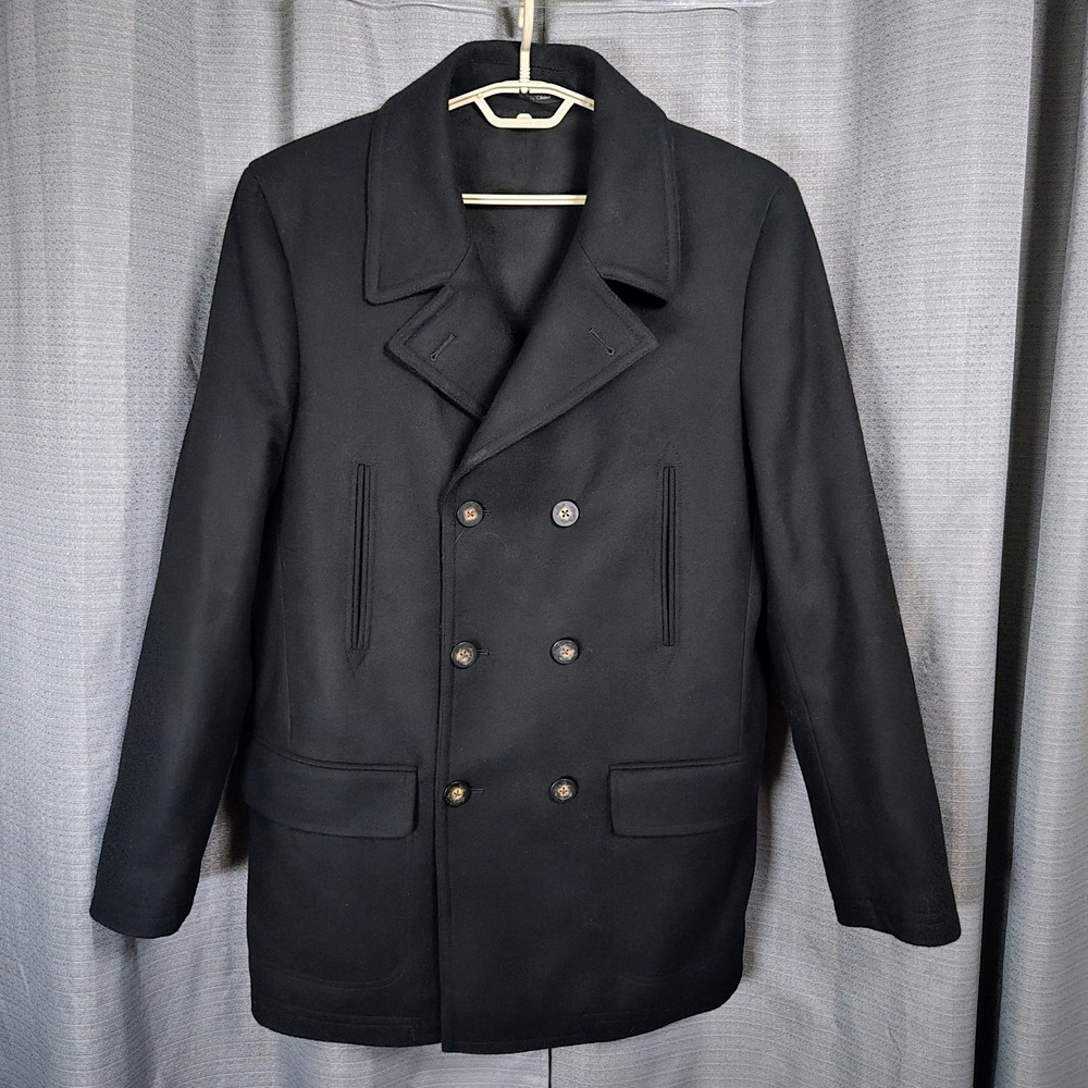 Lauren Ralph Lauren Mens Black Wool Blend Double Breasted Pea Coat 42L Anchor